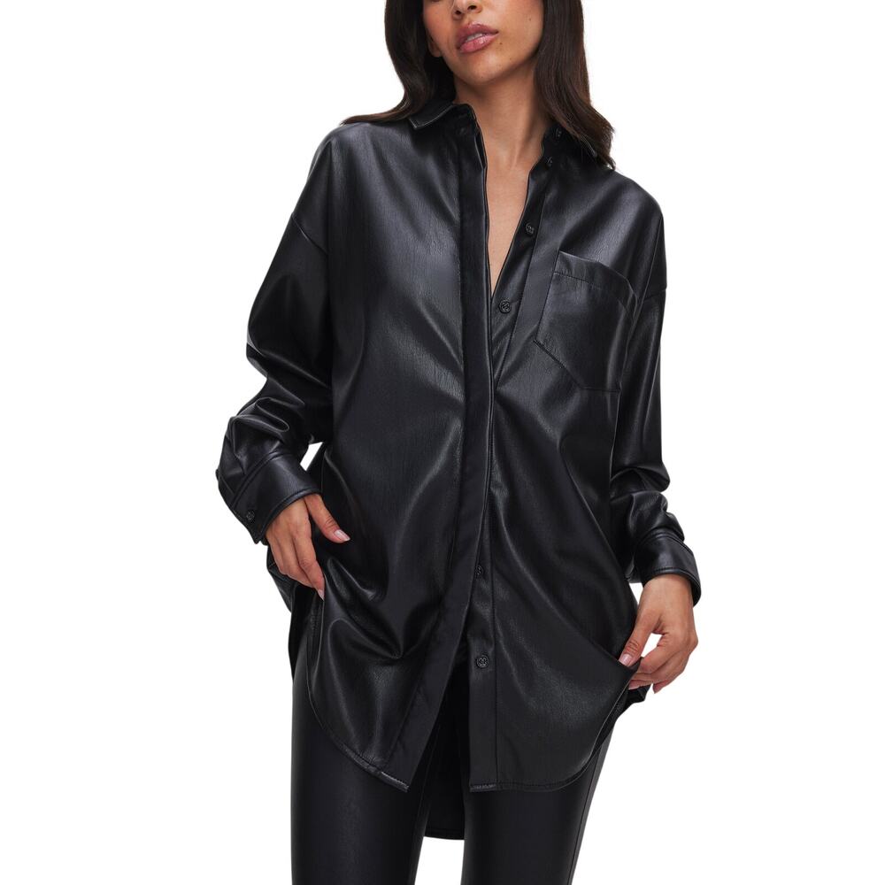 Good American Sleek Black Faux Leather Shirt Size XS